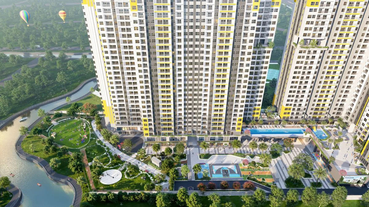 Phối cảnh khu tiện ích trung tâm giữa hai block căn hộ.