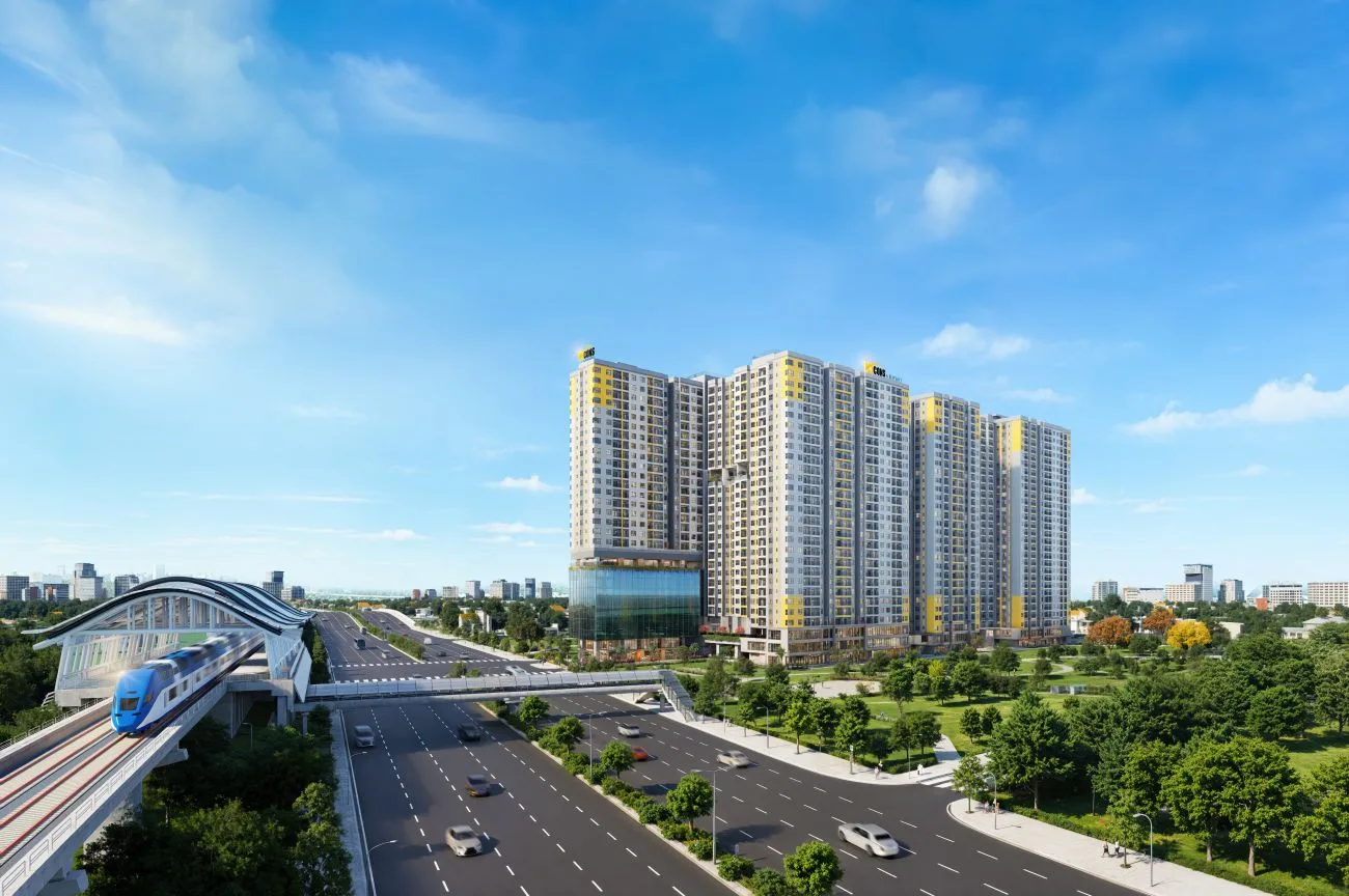 Phối cảnh dự án nhìn từ Quốc lộ 13 — tuyến Metro trên cao chạy ngay trước mặt tiền.