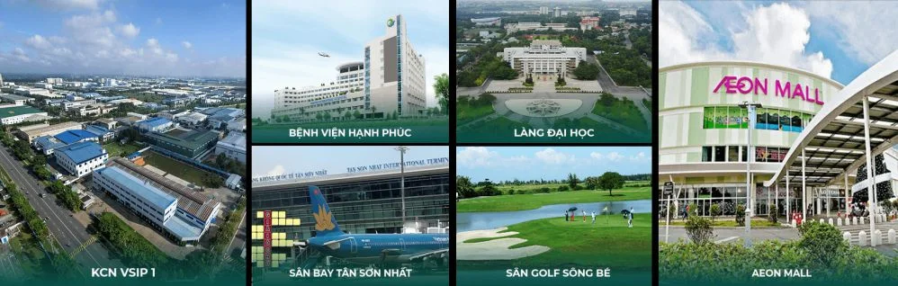 Các điểm đến quanh dự án: KCN VSIP 1, trung tâm hành chính Bình Dương, Làng Đại học, AEON Mall, sân golf Sông Bé và sân bay Tân Sơn Nhất.