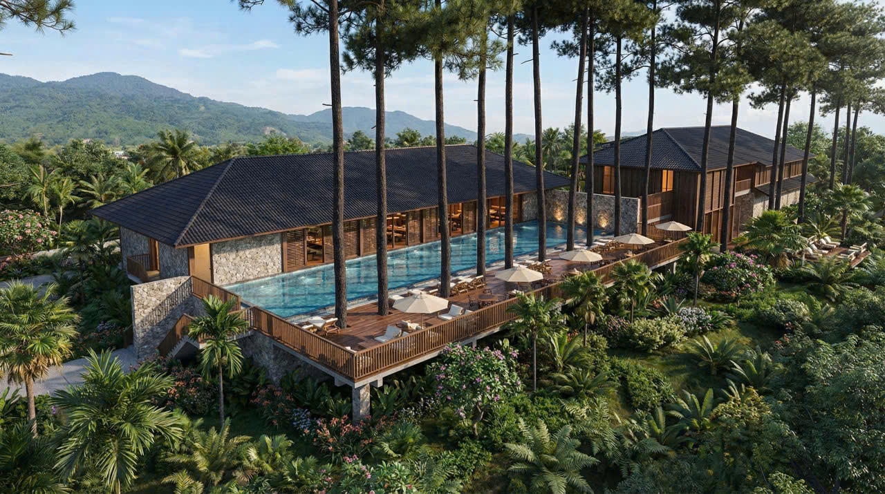 Phối cảnh hồ bơi vô cực – view rừng núi