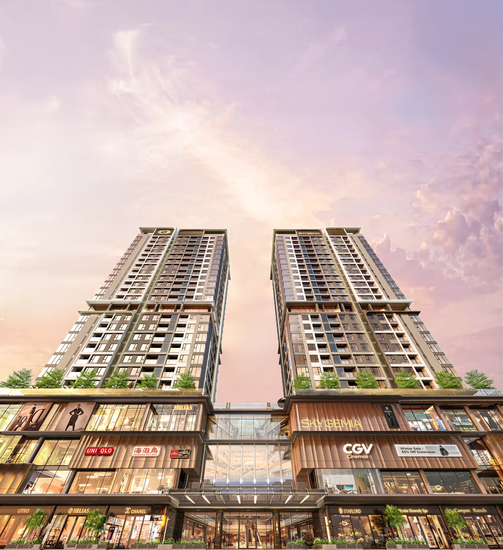 Phối cảnh tháp đôi Sky Gemia nhìn từ khối đế thương mại