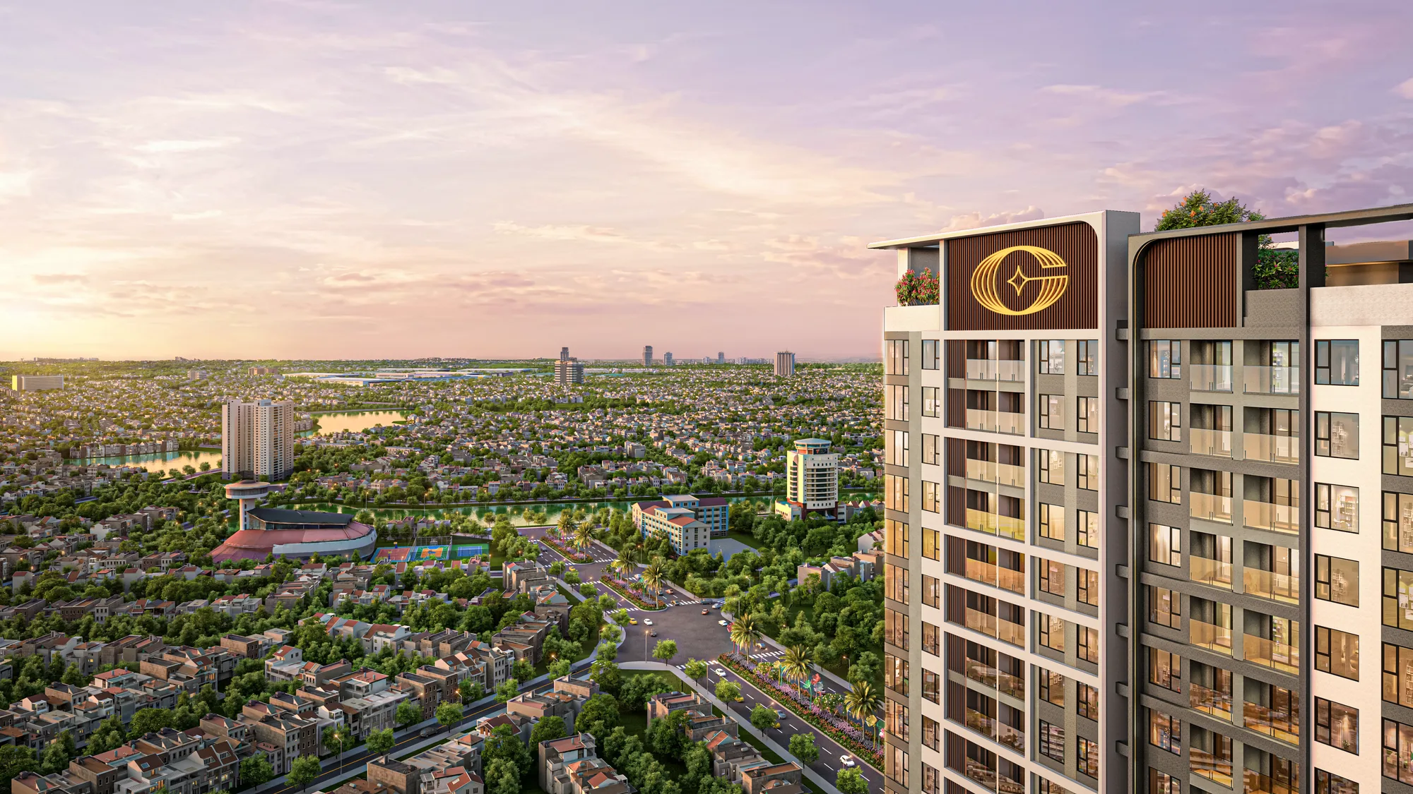 Kiến trúc thượng tầng Sky Gemia lúc hoàng hôn