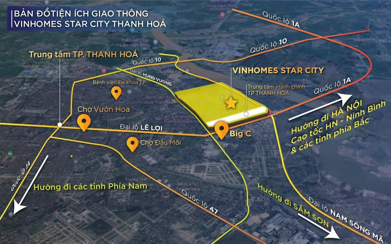 Bản đồ kết nối giao thông quanh Vinhomes Star City, TP Thanh Hoá.
